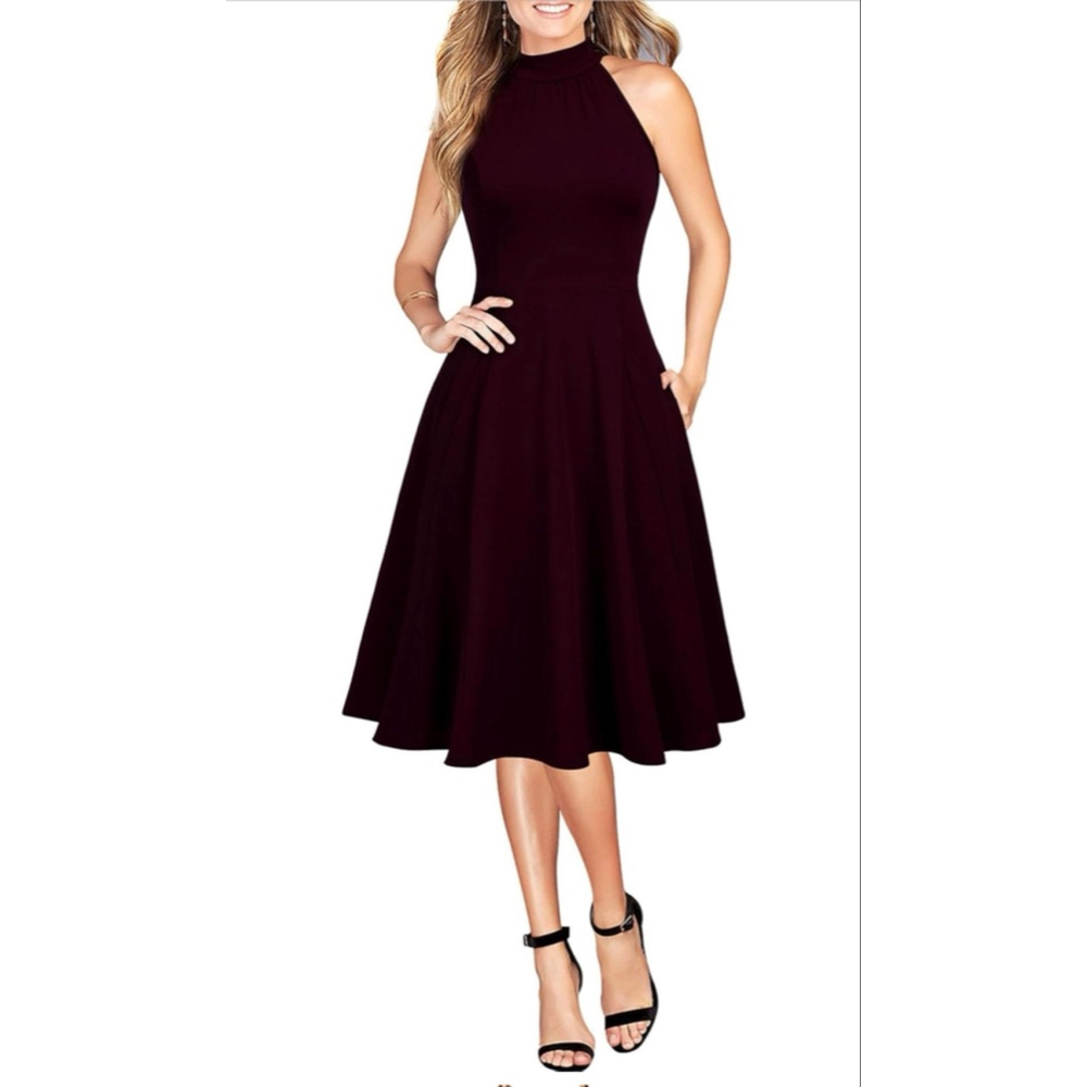 NEW WOOSEA Sleeveless Halter Neck A-Line Cocktail Pockets Dress M